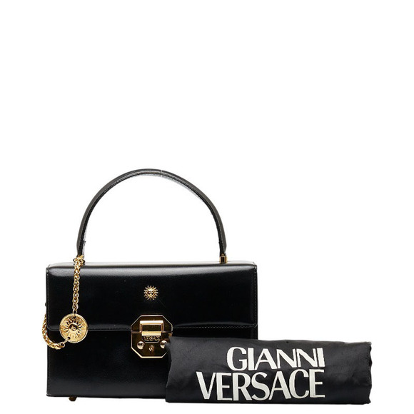 Versace Sunburst Gold Hardware Handbag Vanity Bag Black Enamel Leather - Picture 10 of 10